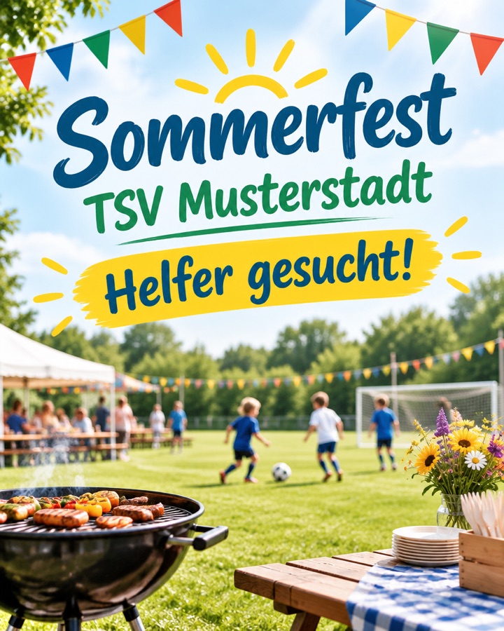 KI-Bild, Symbolbild: Plakat „Sommerfest TSV Musterstadt – Helfer gesucht!“, erzeugt über Higgsfield aus dem Claude-Chat